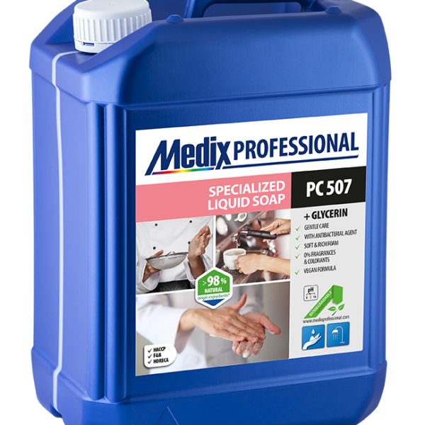 Санитарни консумативи за бизнеса MEDIX Professional PC 507 – специализиран течен сапун с антибактериална съставка, без оцветители и аромат